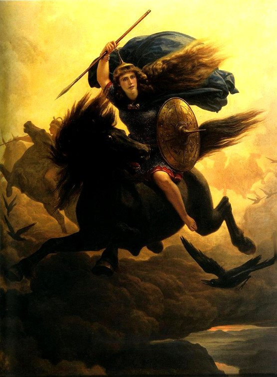  Вальки́рия — дочь славного воина, или конунга, которая реет на крылатом коне над полем битвы и решает, кому из воинов, павших в бою, попасть в небесный чертог — Вальхаллу 